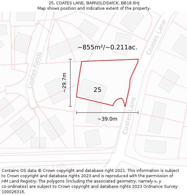 25, COATES LANE, BARNOLDSWICK, BB18 6HJ: Plot and title map