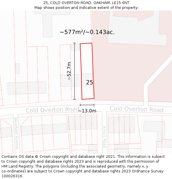 25, COLD OVERTON ROAD, OAKHAM, LE15 6NT: Plot and title map