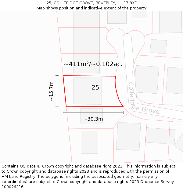 25, COLLERIDGE GROVE, BEVERLEY, HU17 8XD: Plot and title map
