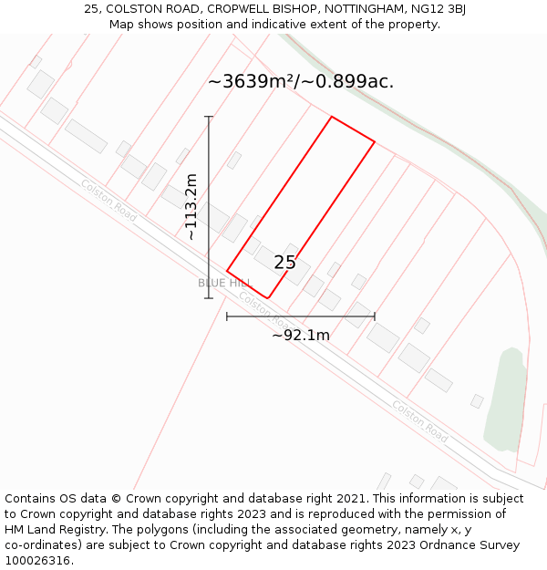 25, COLSTON ROAD, CROPWELL BISHOP, NOTTINGHAM, NG12 3BJ: Plot and title map