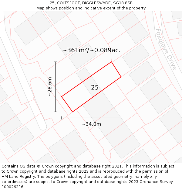 25, COLTSFOOT, BIGGLESWADE, SG18 8SR: Plot and title map