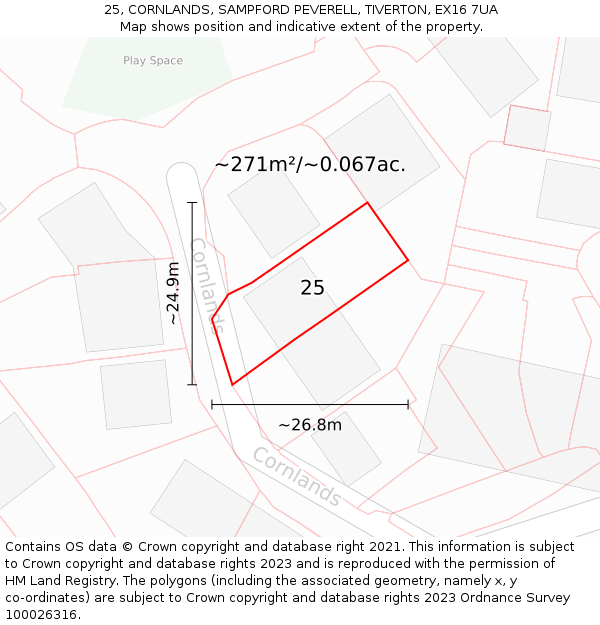 25, CORNLANDS, SAMPFORD PEVERELL, TIVERTON, EX16 7UA: Plot and title map