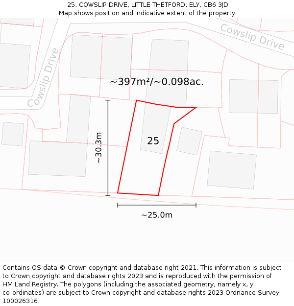 25, COWSLIP DRIVE, LITTLE THETFORD, ELY, CB6 3JD: Plot and title map