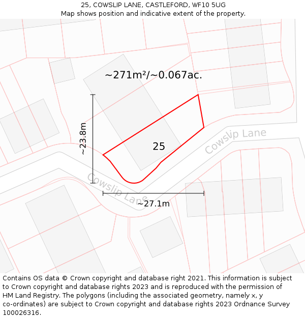 25, COWSLIP LANE, CASTLEFORD, WF10 5UG: Plot and title map