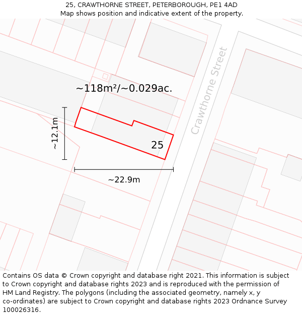 25, CRAWTHORNE STREET, PETERBOROUGH, PE1 4AD: Plot and title map