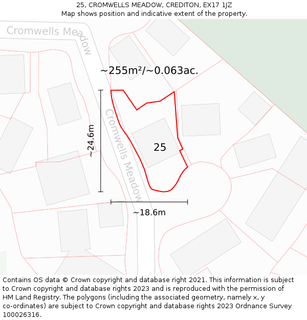 25, CROMWELLS MEADOW, CREDITON, EX17 1JZ: Plot and title map