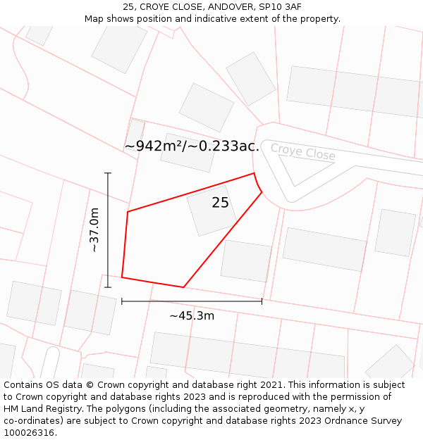 25, CROYE CLOSE, ANDOVER, SP10 3AF: Plot and title map