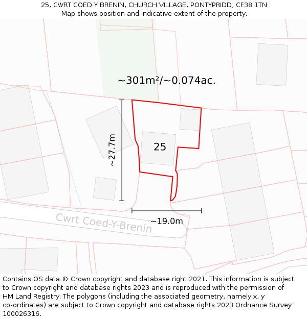 25, CWRT COED Y BRENIN, CHURCH VILLAGE, PONTYPRIDD, CF38 1TN: Plot and title map