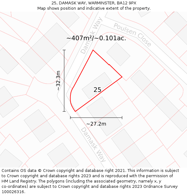 25, DAMASK WAY, WARMINSTER, BA12 9PX: Plot and title map