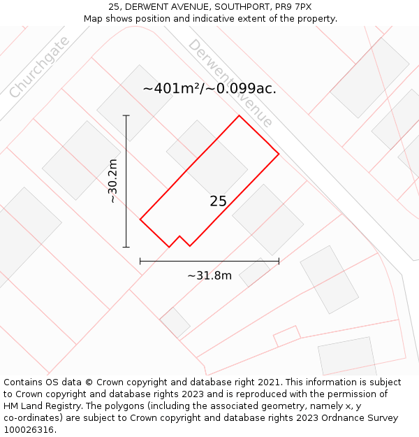 25, DERWENT AVENUE, SOUTHPORT, PR9 7PX: Plot and title map