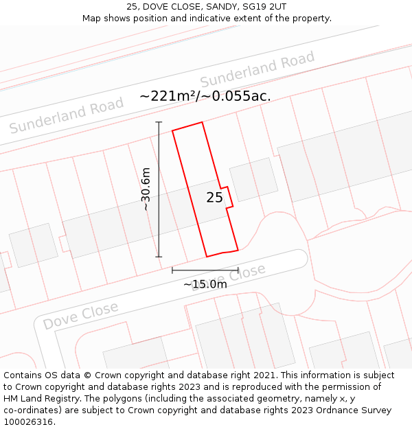 25, DOVE CLOSE, SANDY, SG19 2UT: Plot and title map