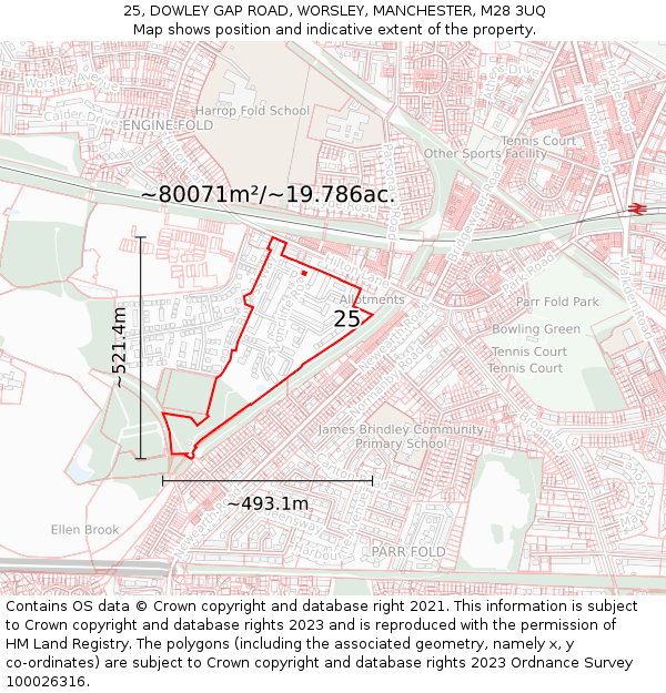 25, DOWLEY GAP ROAD, WORSLEY, MANCHESTER, M28 3UQ: Plot and title map