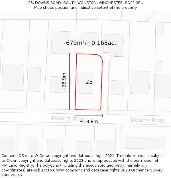 25, DOWNS ROAD, SOUTH WONSTON, WINCHESTER, SO21 3EU: Plot and title map