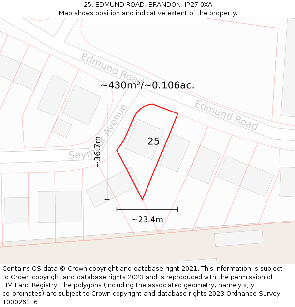 25, EDMUND ROAD, BRANDON, IP27 0XA: Plot and title map