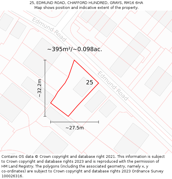 25, EDMUND ROAD, CHAFFORD HUNDRED, GRAYS, RM16 6HA: Plot and title map