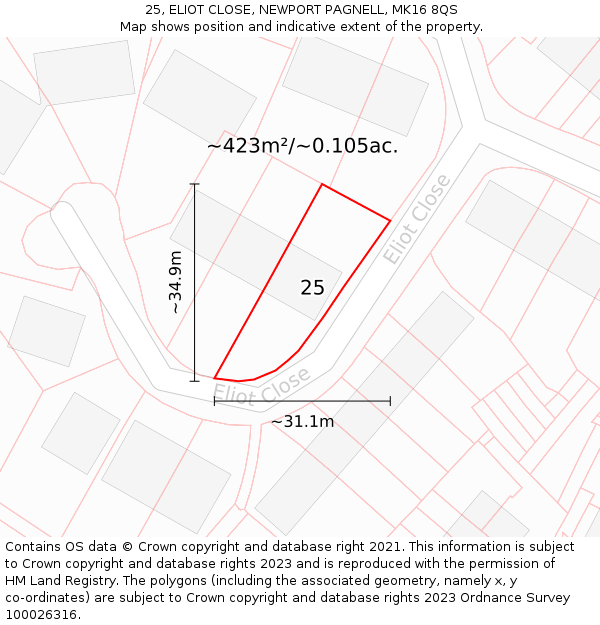 25, ELIOT CLOSE, NEWPORT PAGNELL, MK16 8QS: Plot and title map