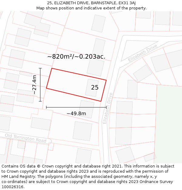 25, ELIZABETH DRIVE, BARNSTAPLE, EX31 3AJ: Plot and title map