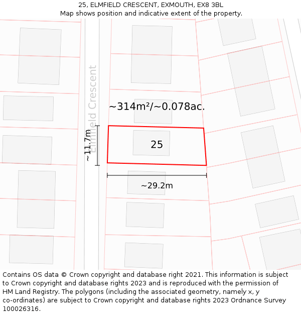 25, ELMFIELD CRESCENT, EXMOUTH, EX8 3BL: Plot and title map