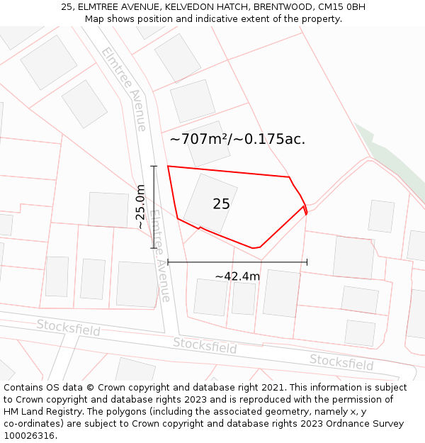 25, ELMTREE AVENUE, KELVEDON HATCH, BRENTWOOD, CM15 0BH: Plot and title map