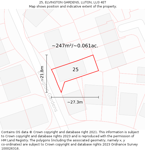 25, ELVINGTON GARDENS, LUTON, LU3 4ET: Plot and title map