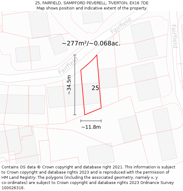 25, FAIRFIELD, SAMPFORD PEVERELL, TIVERTON, EX16 7DE: Plot and title map