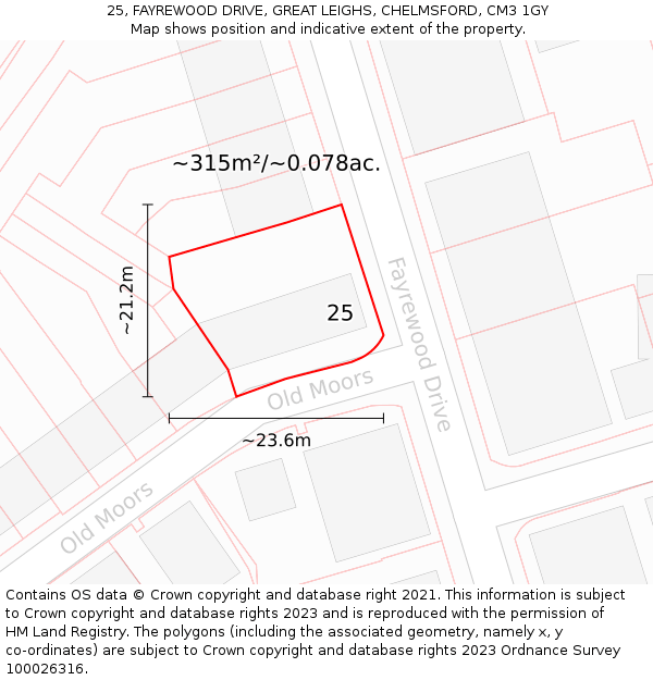 25, FAYREWOOD DRIVE, GREAT LEIGHS, CHELMSFORD, CM3 1GY: Plot and title map