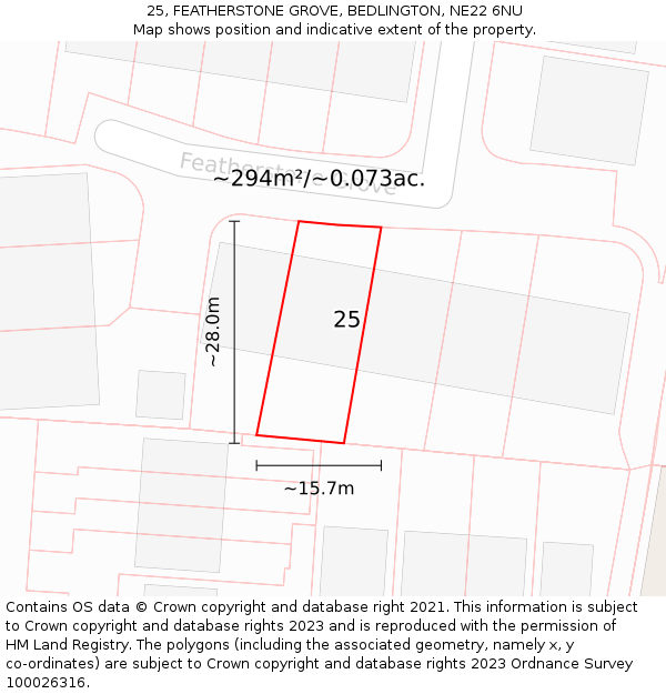 25, FEATHERSTONE GROVE, BEDLINGTON, NE22 6NU: Plot and title map