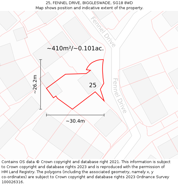 25, FENNEL DRIVE, BIGGLESWADE, SG18 8WD: Plot and title map