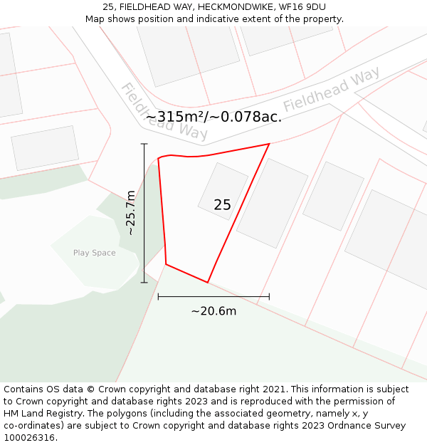 25, FIELDHEAD WAY, HECKMONDWIKE, WF16 9DU: Plot and title map