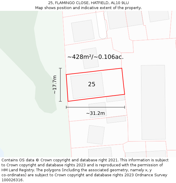 25, FLAMINGO CLOSE, HATFIELD, AL10 9LU: Plot and title map