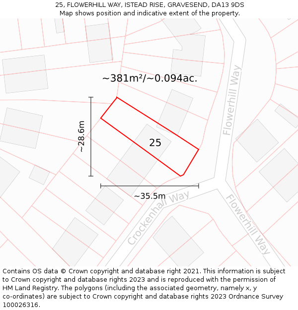 25, FLOWERHILL WAY, ISTEAD RISE, GRAVESEND, DA13 9DS: Plot and title map