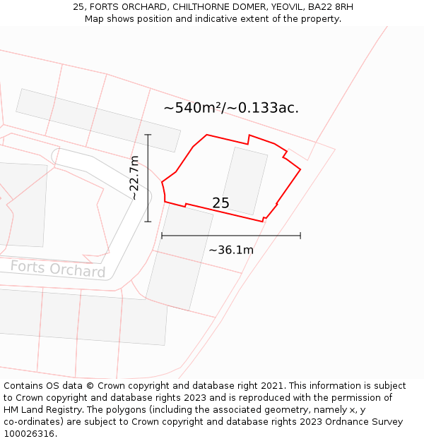 25, FORTS ORCHARD, CHILTHORNE DOMER, YEOVIL, BA22 8RH: Plot and title map