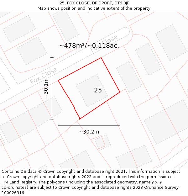 25, FOX CLOSE, BRIDPORT, DT6 3JF: Plot and title map