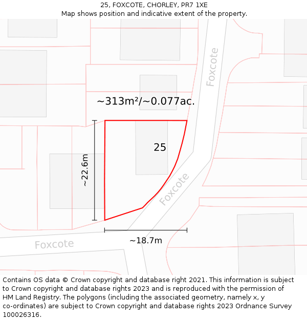 25, FOXCOTE, CHORLEY, PR7 1XE: Plot and title map