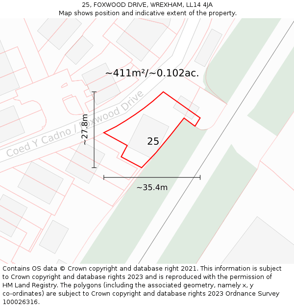 25, FOXWOOD DRIVE, WREXHAM, LL14 4JA: Plot and title map