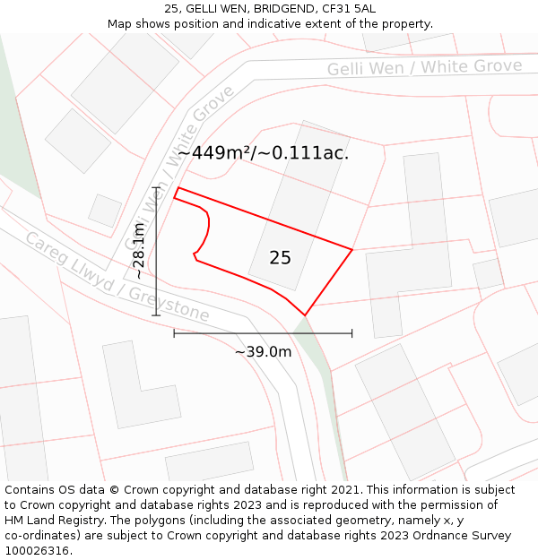 25, GELLI WEN, BRIDGEND, CF31 5AL: Plot and title map