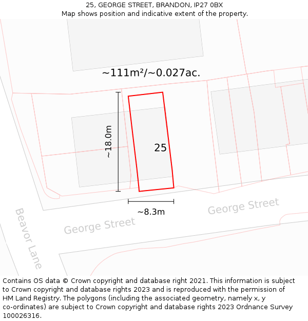 25, GEORGE STREET, BRANDON, IP27 0BX: Plot and title map