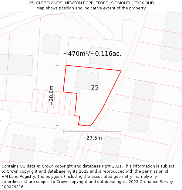 25, GLEBELANDS, NEWTON POPPLEFORD, SIDMOUTH, EX10 0HB: Plot and title map