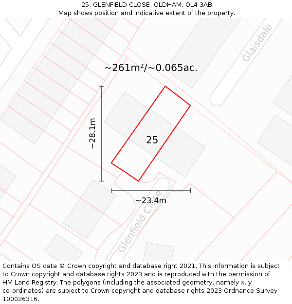 25, GLENFIELD CLOSE, OLDHAM, OL4 3AB: Plot and title map