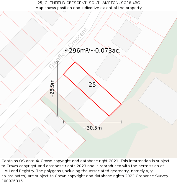 25, GLENFIELD CRESCENT, SOUTHAMPTON, SO18 4RG: Plot and title map