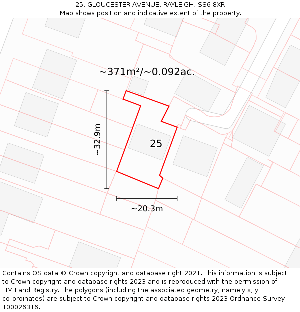 25, GLOUCESTER AVENUE, RAYLEIGH, SS6 8XR: Plot and title map