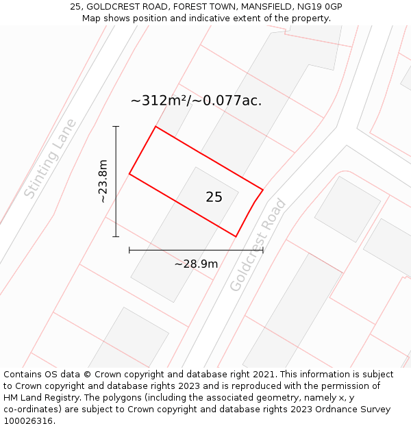 25, GOLDCREST ROAD, FOREST TOWN, MANSFIELD, NG19 0GP: Plot and title map