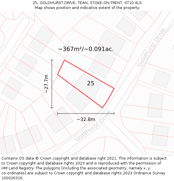 25, GOLDHURST DRIVE, TEAN, STOKE-ON-TRENT, ST10 4LS: Plot and title map