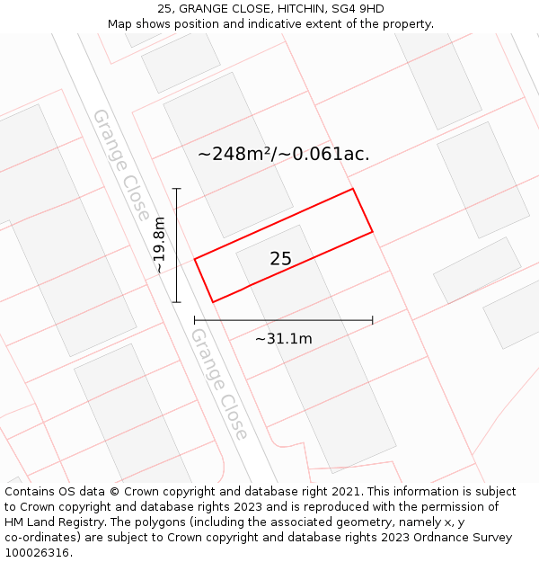 25, GRANGE CLOSE, HITCHIN, SG4 9HD: Plot and title map