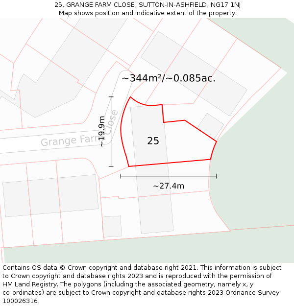 25, GRANGE FARM CLOSE, SUTTON-IN-ASHFIELD, NG17 1NJ: Plot and title map