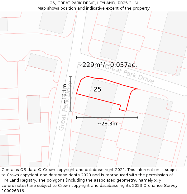 25, GREAT PARK DRIVE, LEYLAND, PR25 3UN: Plot and title map