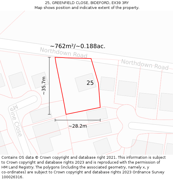 25, GREENFIELD CLOSE, BIDEFORD, EX39 3RY: Plot and title map
