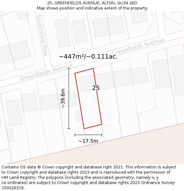 25, GREENFIELDS AVENUE, ALTON, GU34 2ED: Plot and title map