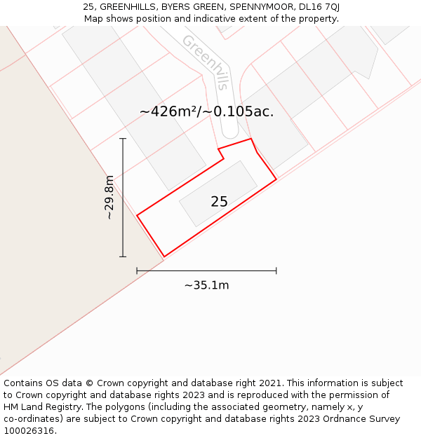 25, GREENHILLS, BYERS GREEN, SPENNYMOOR, DL16 7QJ: Plot and title map