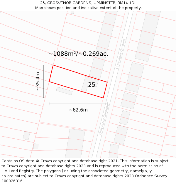 25, GROSVENOR GARDENS, UPMINSTER, RM14 1DL: Plot and title map